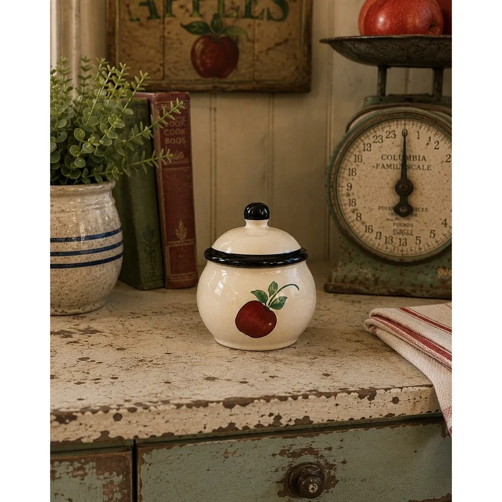Princess House Orchard Medley Ceramic Sugar Bowl Apple Navy Trim Cream Canister